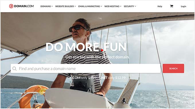 The Domain.com website with search bar