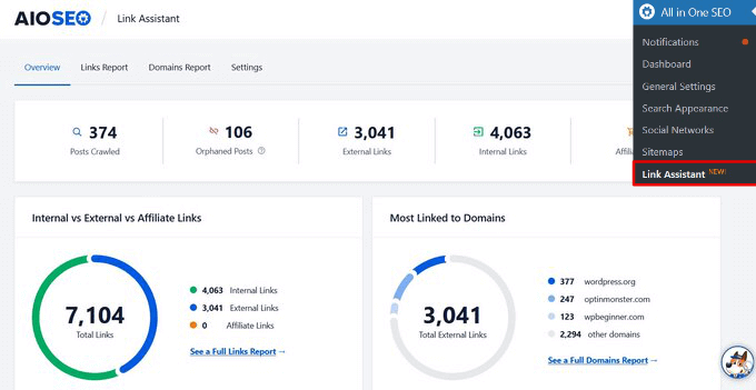 AIOSEO Link assistant dashboard