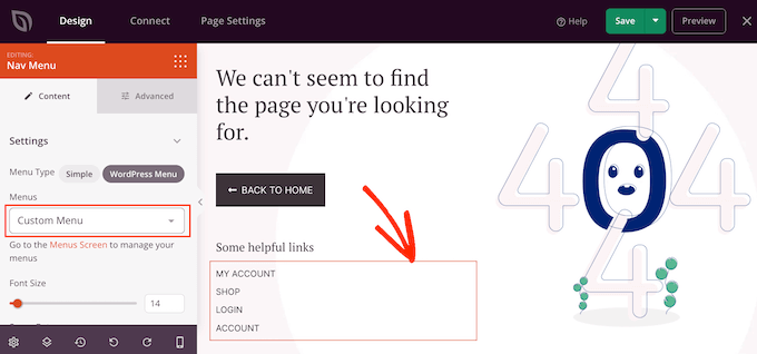 Adding a custom navigation menu to a 404 page