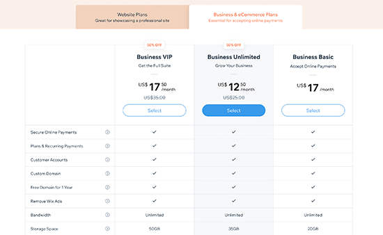 Wix eCommerce and business plans