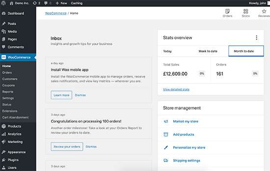 WooCommerce dashboard